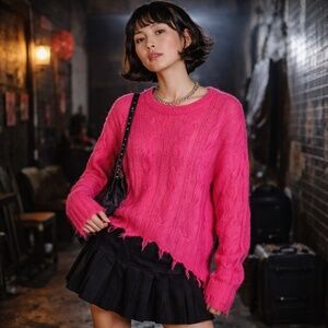 Anthropologie Hot Pink Wool Posey Stitchy Distressed Sweater XSP NWOT